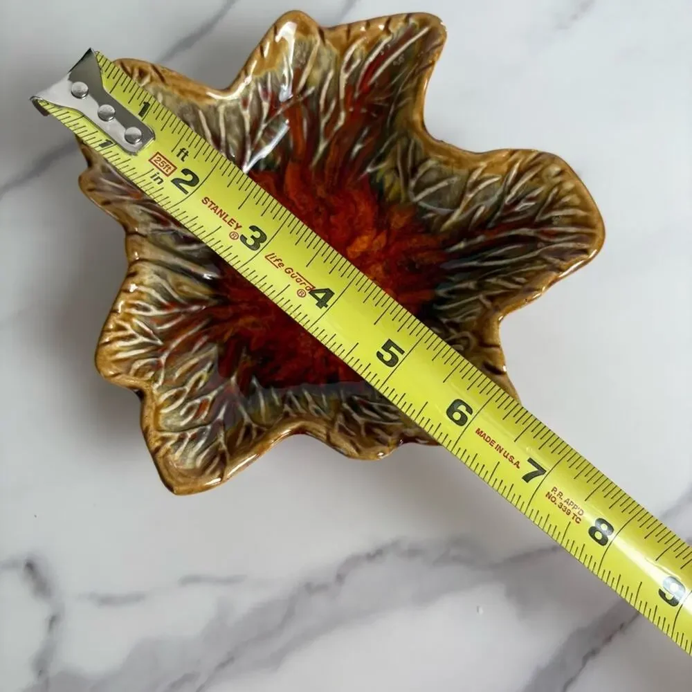 Vintage USA Pottery 721 Leaf Bowl Dish Brown Red Green Glaze Mid Century Decor